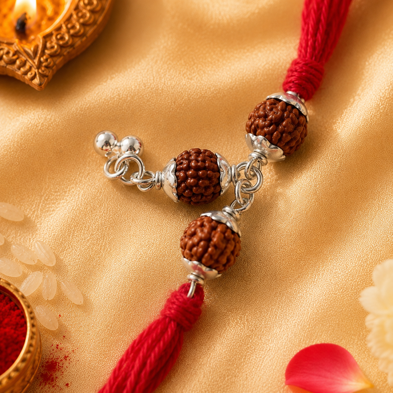 Classic Silver Bhabhi Rakhi with Rudrasksh & Ghughri