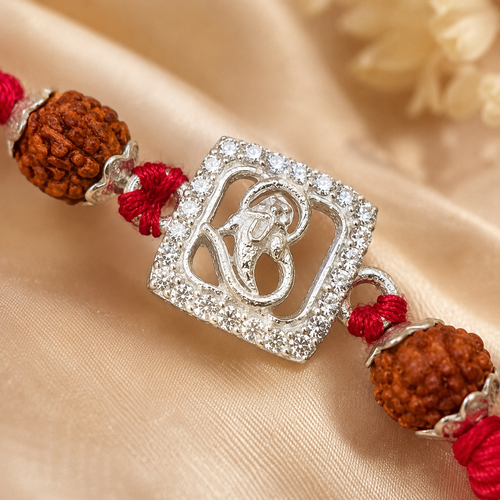 Aum & Ganesh Silver Rakhi with Rudraksh