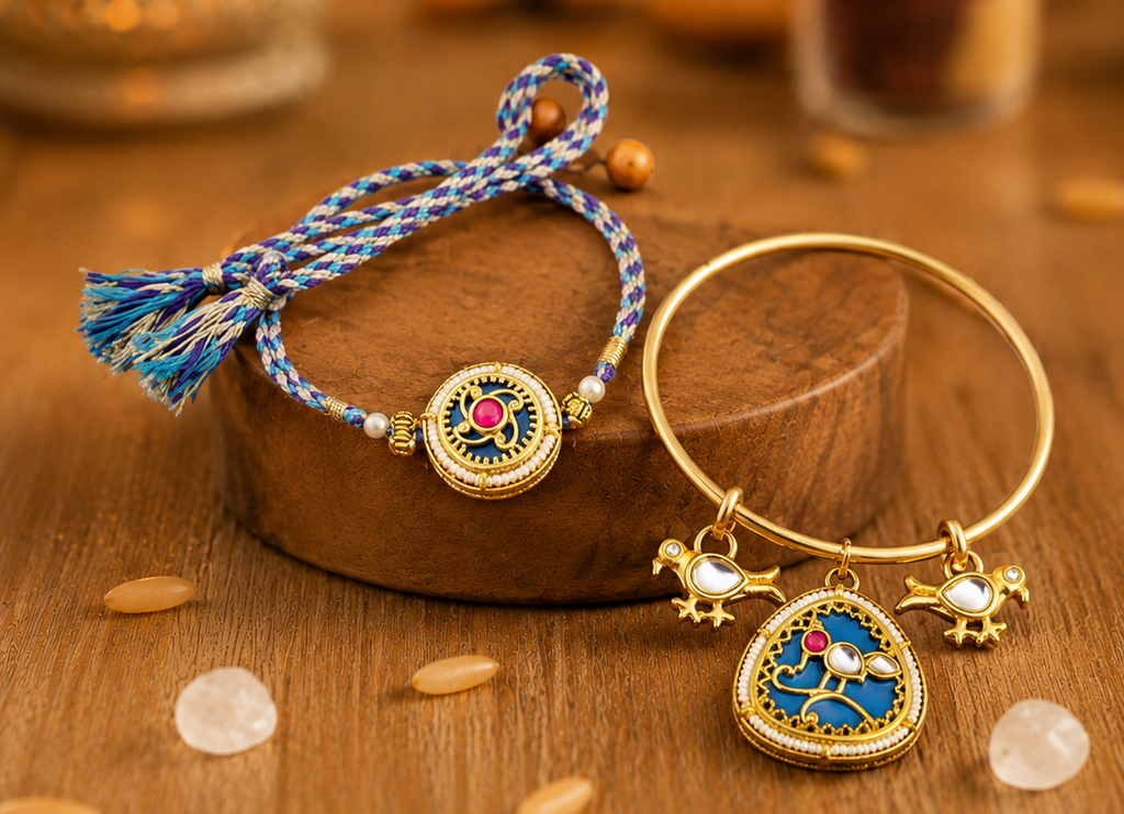 Elevate Your Celebrations with Our Premium Bhaiya Bhabhi Rakhi Set Featuring Exquisite Jadau Bangles - House of RangReethi