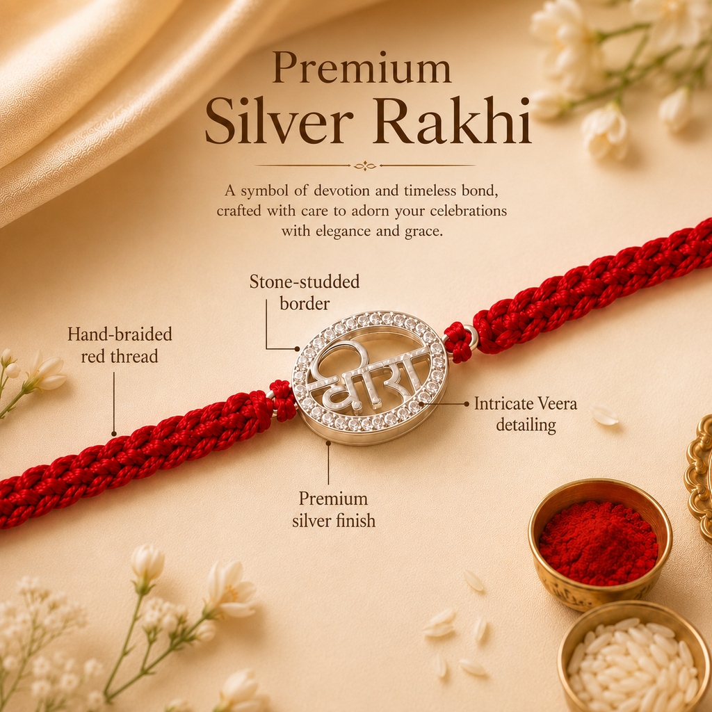 Stone-Studded Silver 'Veera'  Rakhi