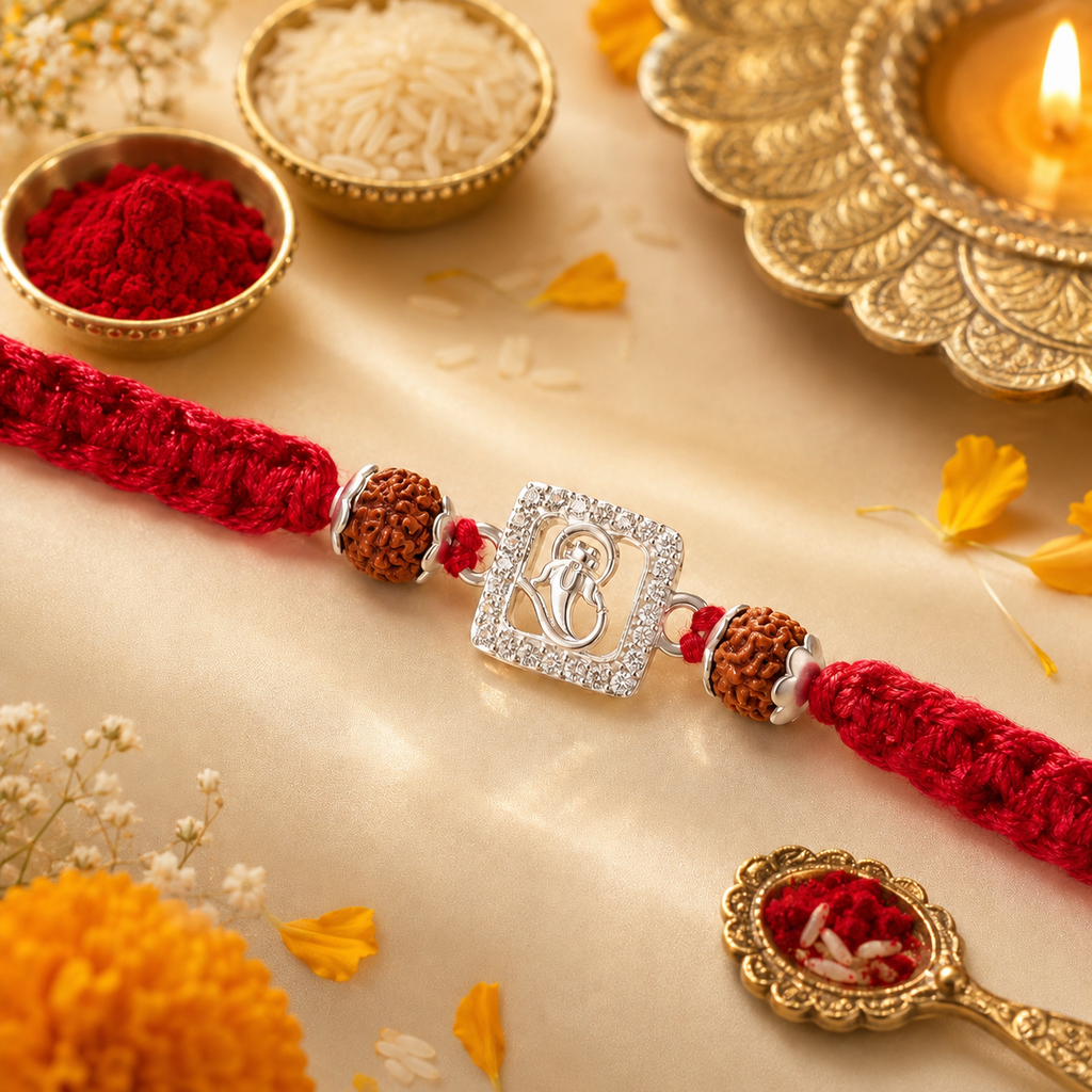Aum & Ganesh Silver Rakhi with Rudraksh