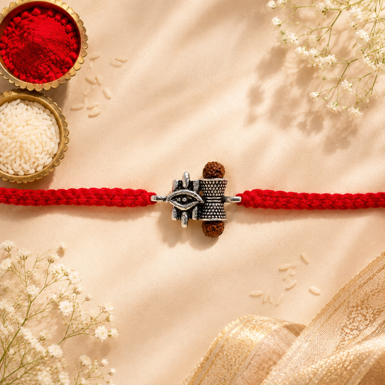 Shiva Damru Silver Rakhi with Rudraksh
