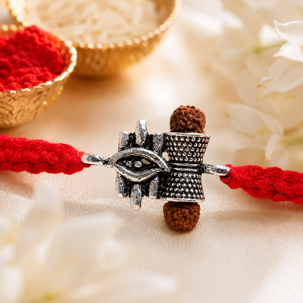 Shiva Damru Silver Rakhi with Rudraksh