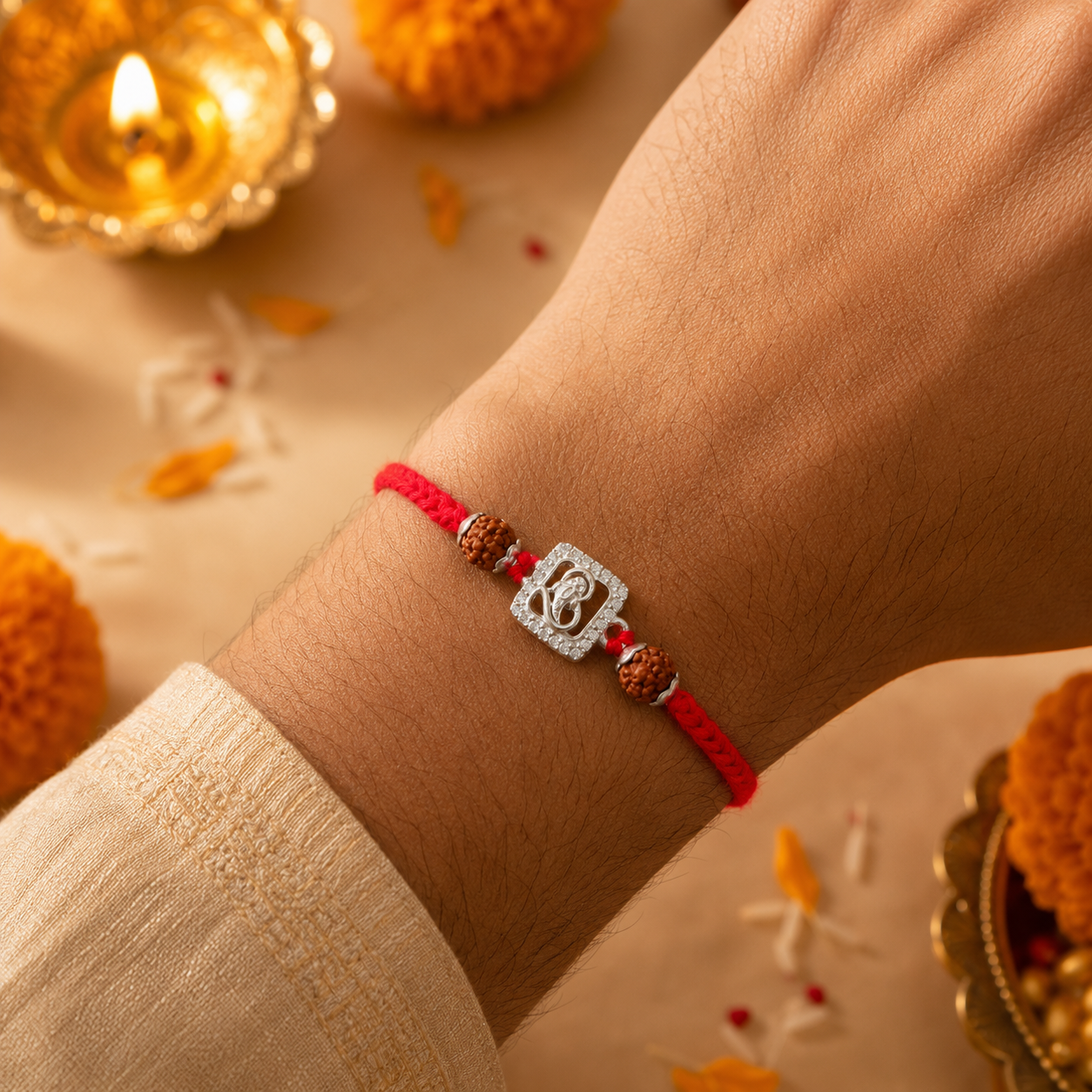 Aum & Ganesh Silver Rakhi with Rudraksh