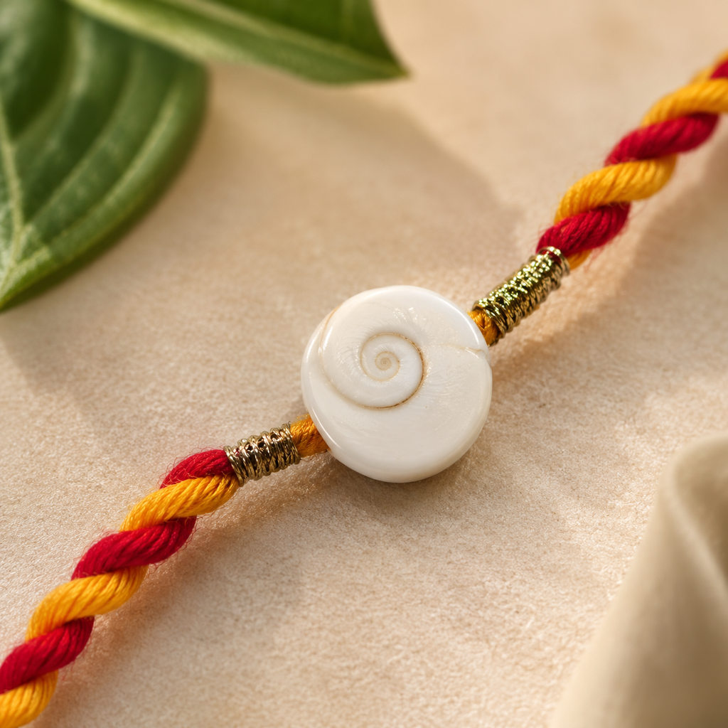Close-up of a Gomti Chakra rakhi with red and yellow braided thread, featuring a white shell centerpiece and gold accents on a soft neutral background