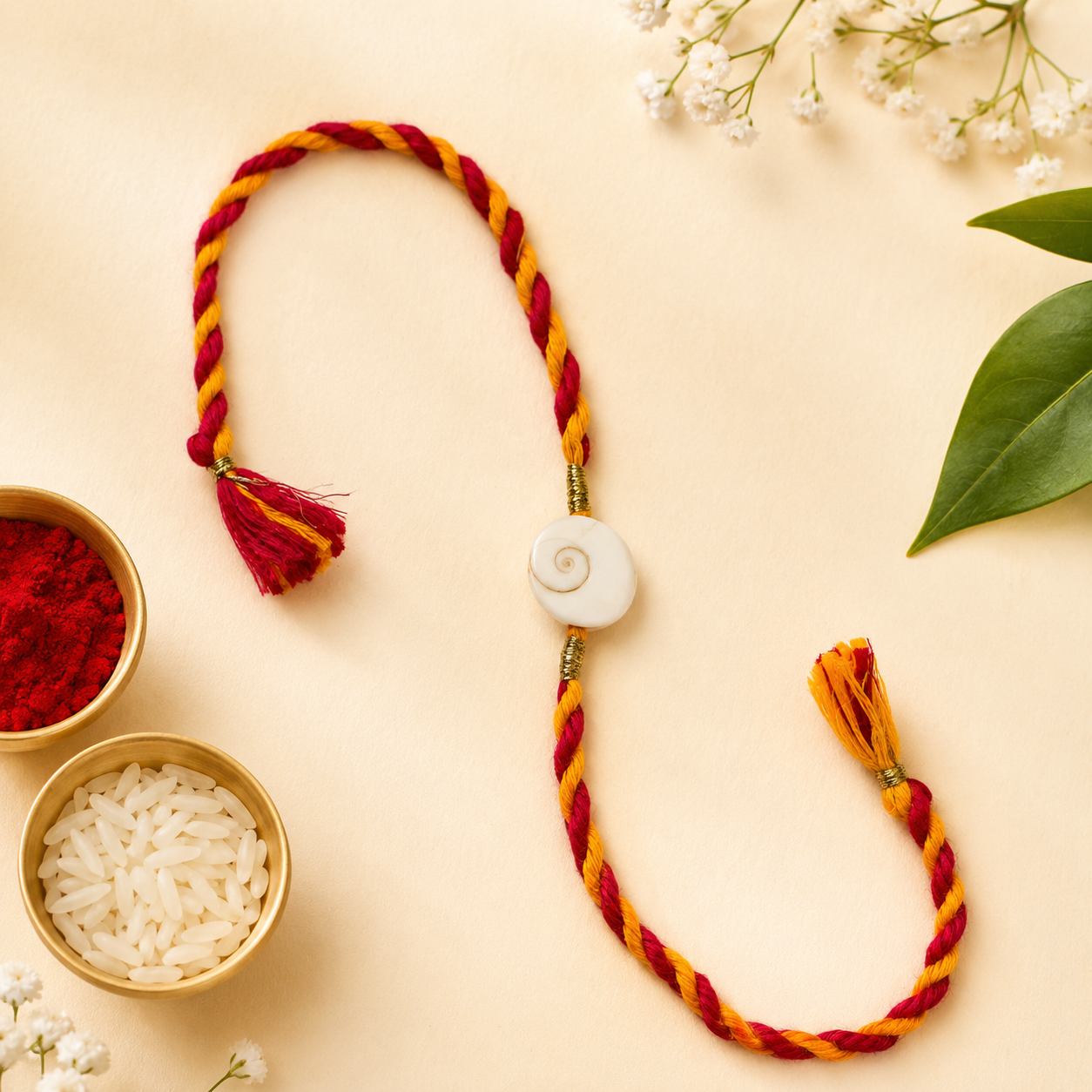 Gomti Chakra rakhi with red and yellow braided thread displayed on a cream background with kumkum, rice, white flowers, and green leaves.