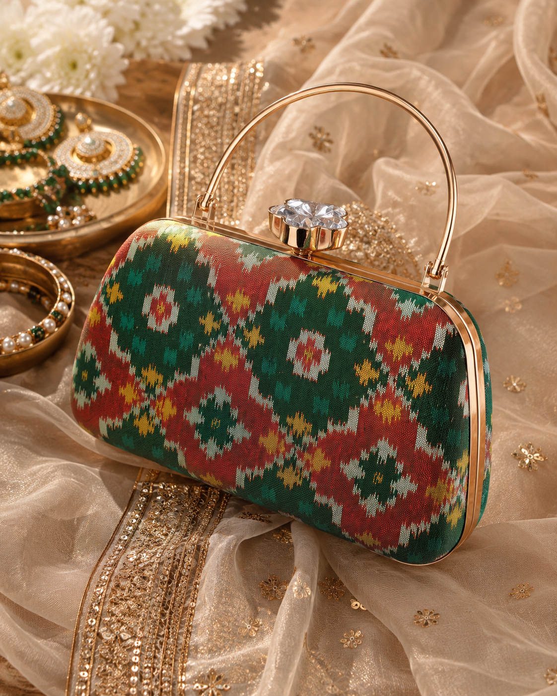 Patola Silk Clutch Bag with Handle | Heritage of Festive Colours