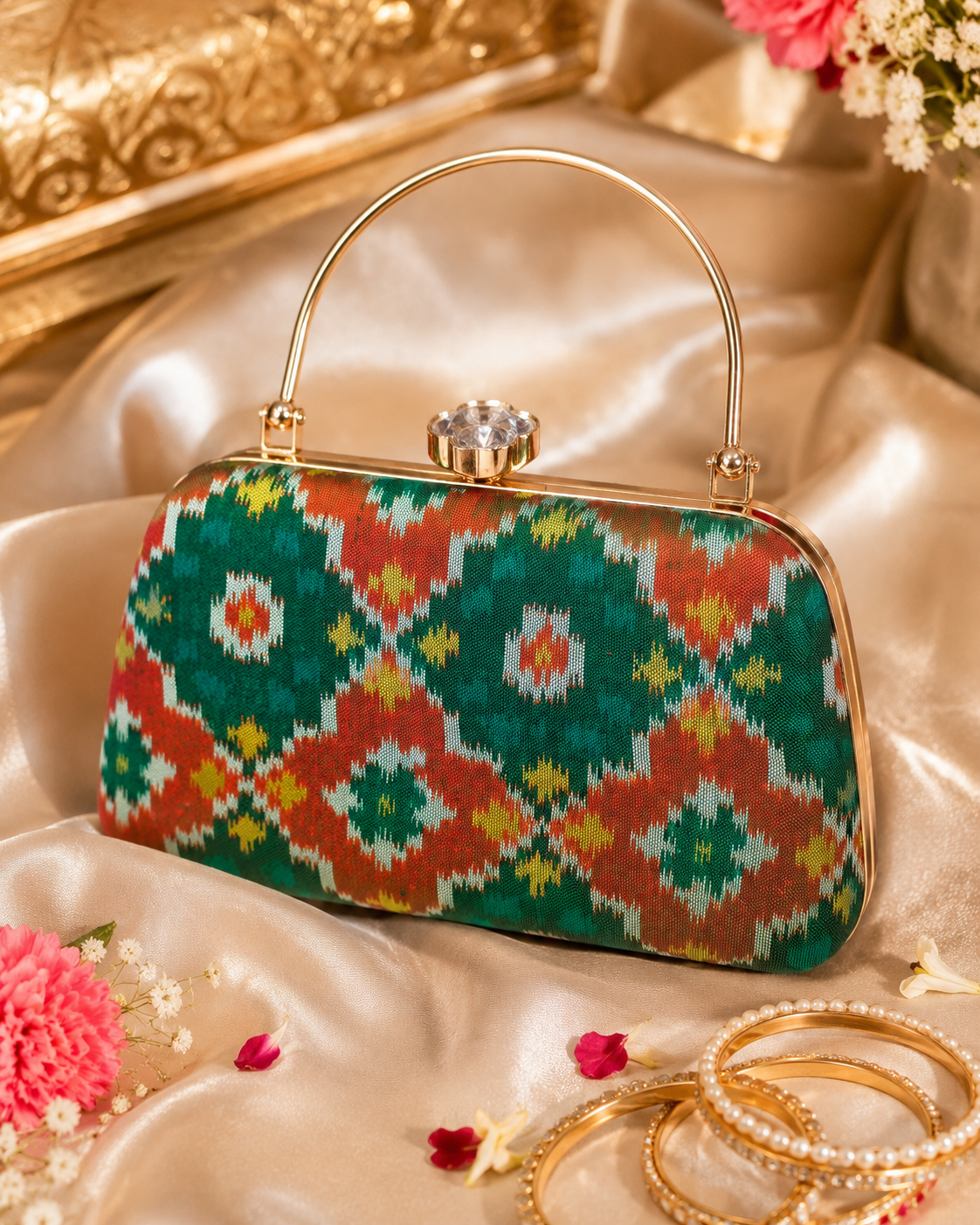 Patola Silk Clutch Bag with Handle | Heritage of Festive Colours