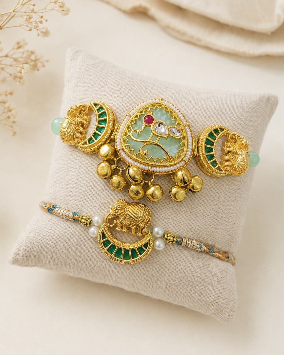 Jadau Kundan Bhaiya Bhabhi Rakhi Set - House of RangReethi