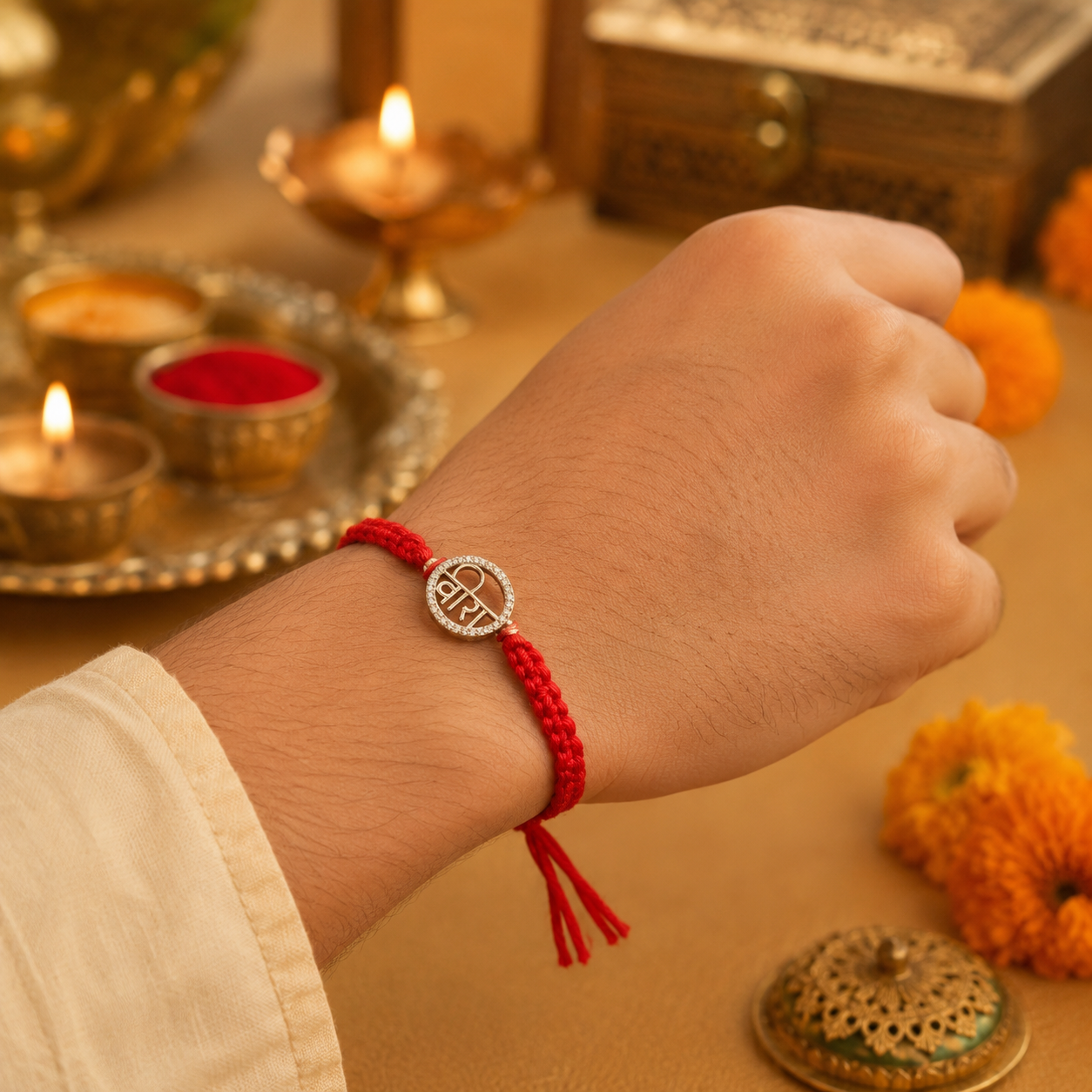 Stone-Studded Silver 'Veera'  Rakhi