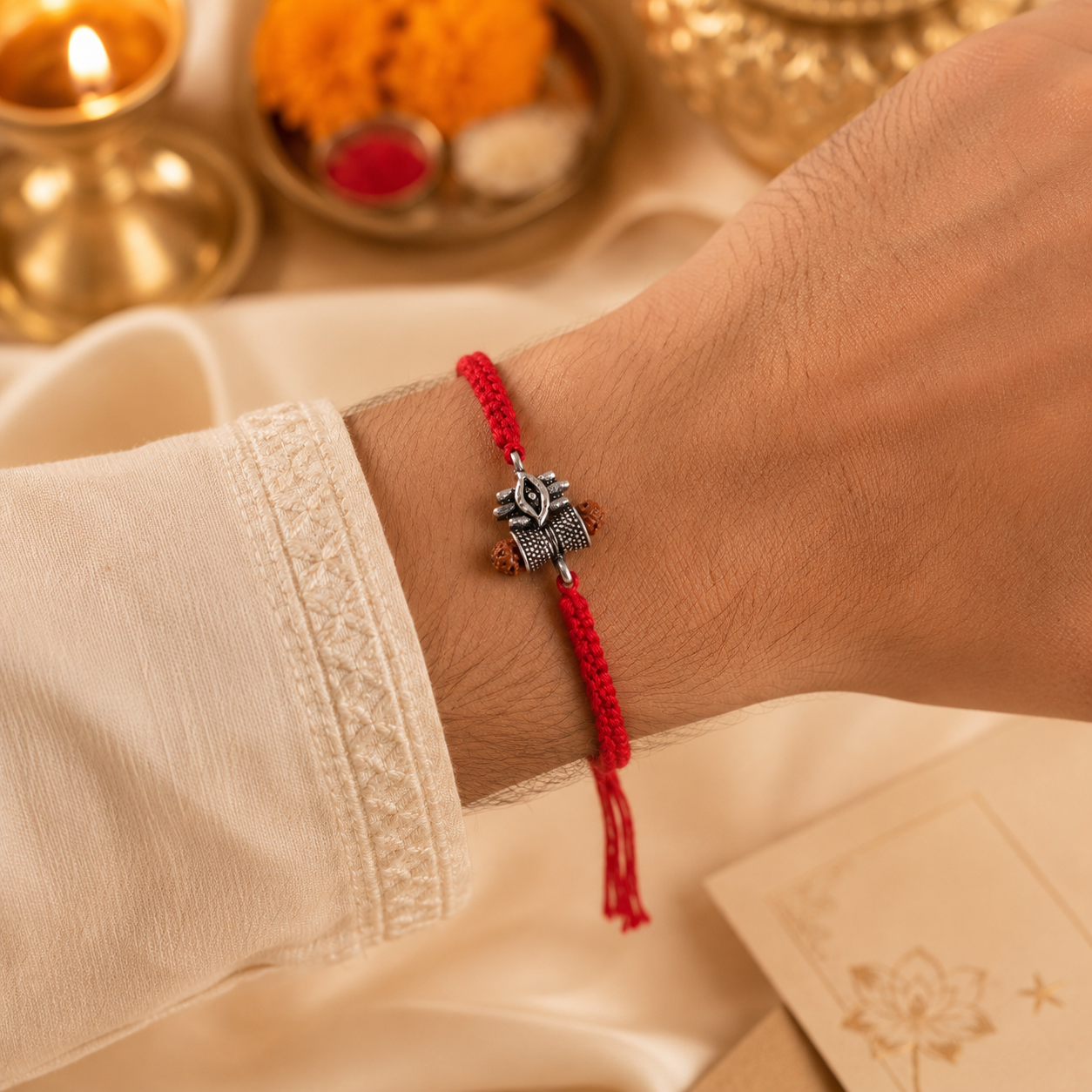Shiva Damru Silver Rakhi with Rudraksh