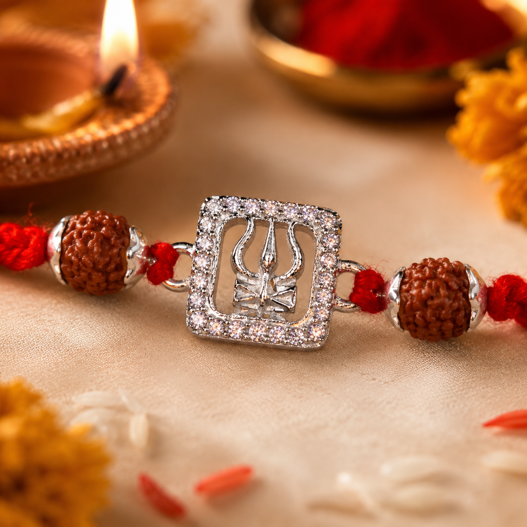 Silver Trishul and Rudraksha Rakhi