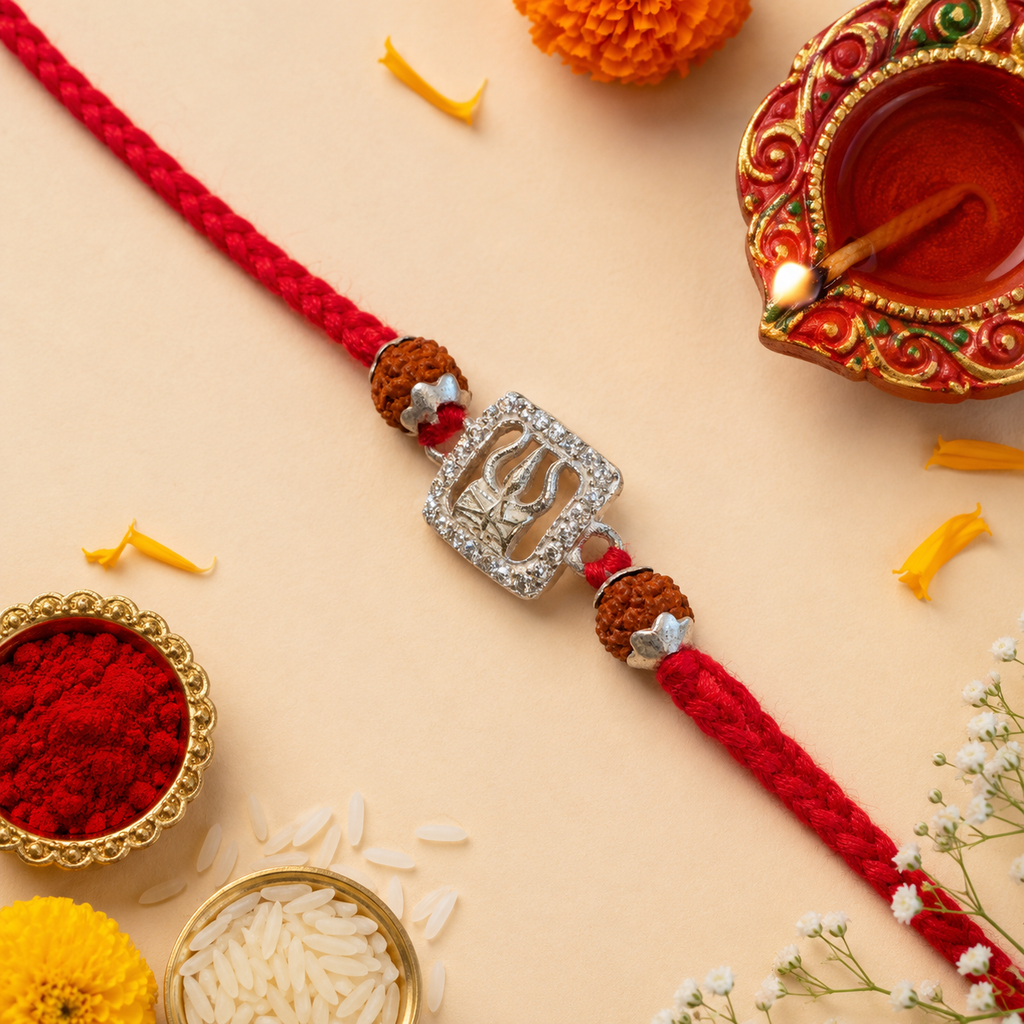 Silver Trishul and Rudraksha Rakhi