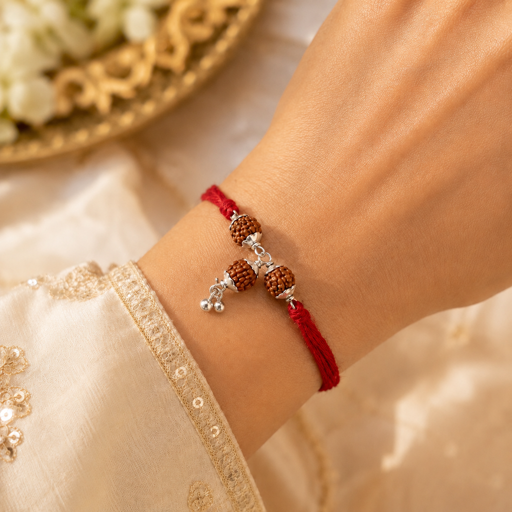 Classic Silver Bhabhi Rakhi with Rudrasksh & Ghughri