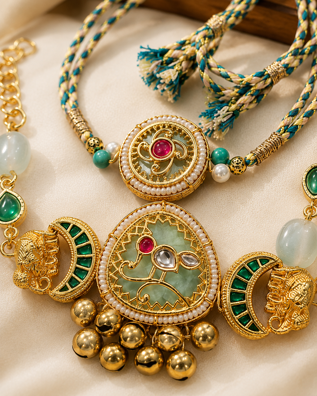 Close-up of a Jadau Kundan gold and green bhaiya bhabhi rakhi set with elephant charms, pearl details, kundan stones, and gold bell accents on cream fabric.