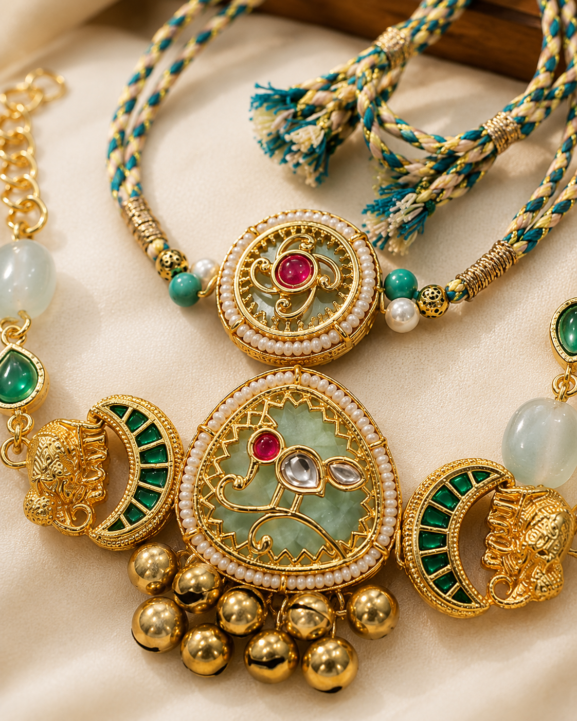 Close-up of a Jadau Kundan gold and green bhaiya bhabhi rakhi set with elephant charms, pearl details, kundan stones, and gold bell accents on cream fabric.