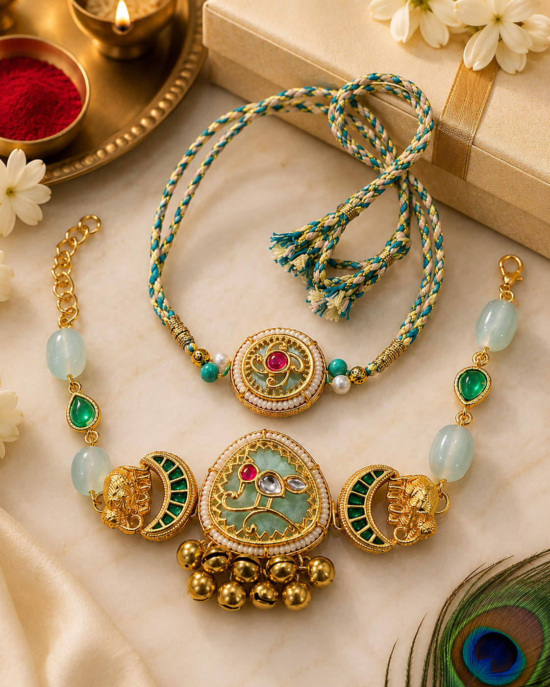 Jadau Kundan Gold and green bhaiya bhabhi rakhi set with pearl, elephant, and bell details displayed with roli, diya, flowers, gift box, and peacock feather.