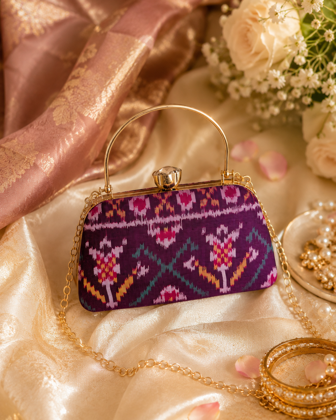 Patola Silk Clutch Bag with Handle | Heritage of Festive Colours