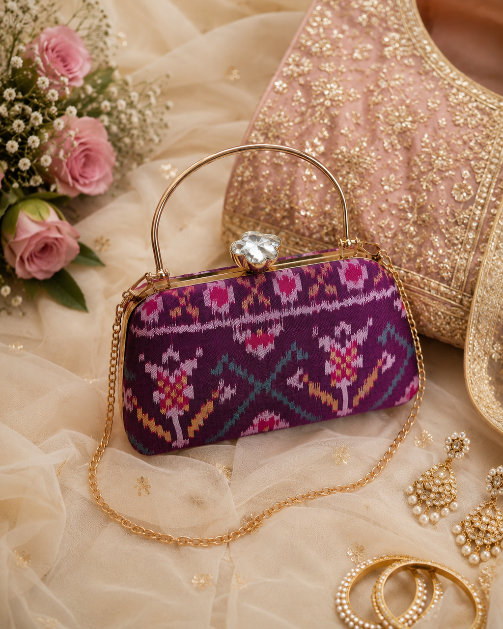 Patola Silk Clutch Bag with Handle | Heritage of Festive Colours