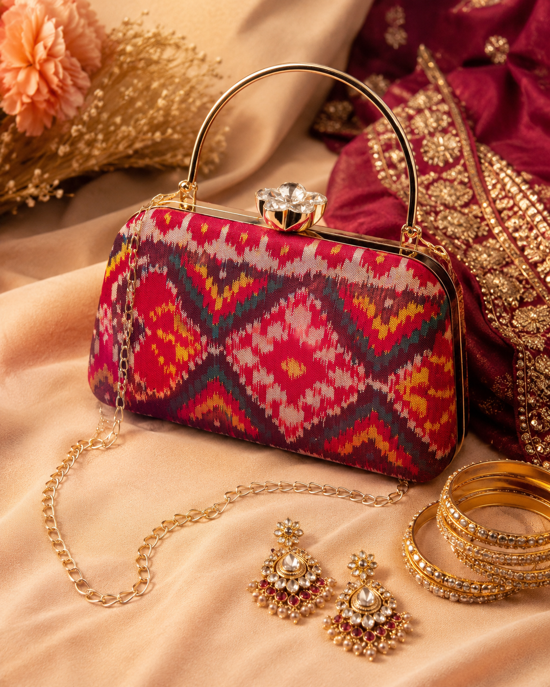 Patola Silk Clutch Bag with Handle | Heritage of Festive Colours