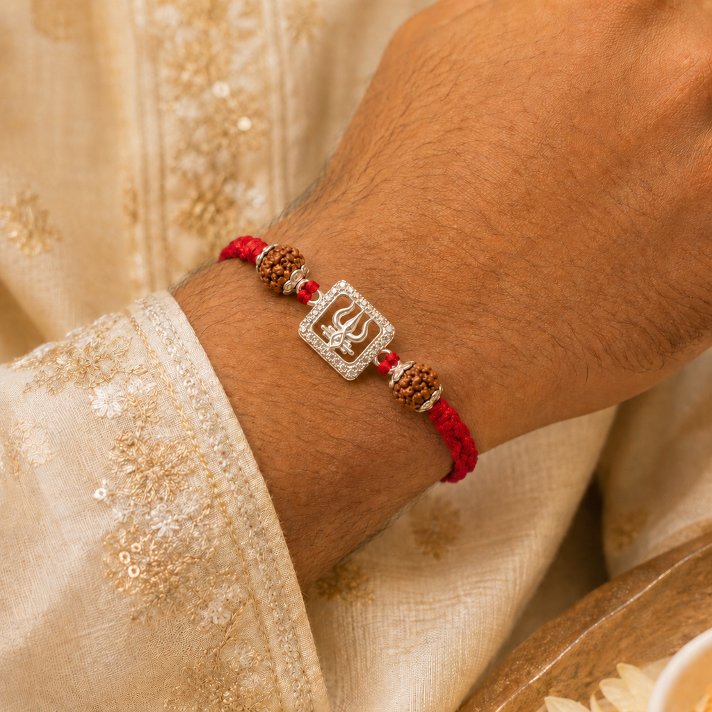 Shiva Trishul and Third Eye Rudraksh Silver Rakhi - House of RangReethi