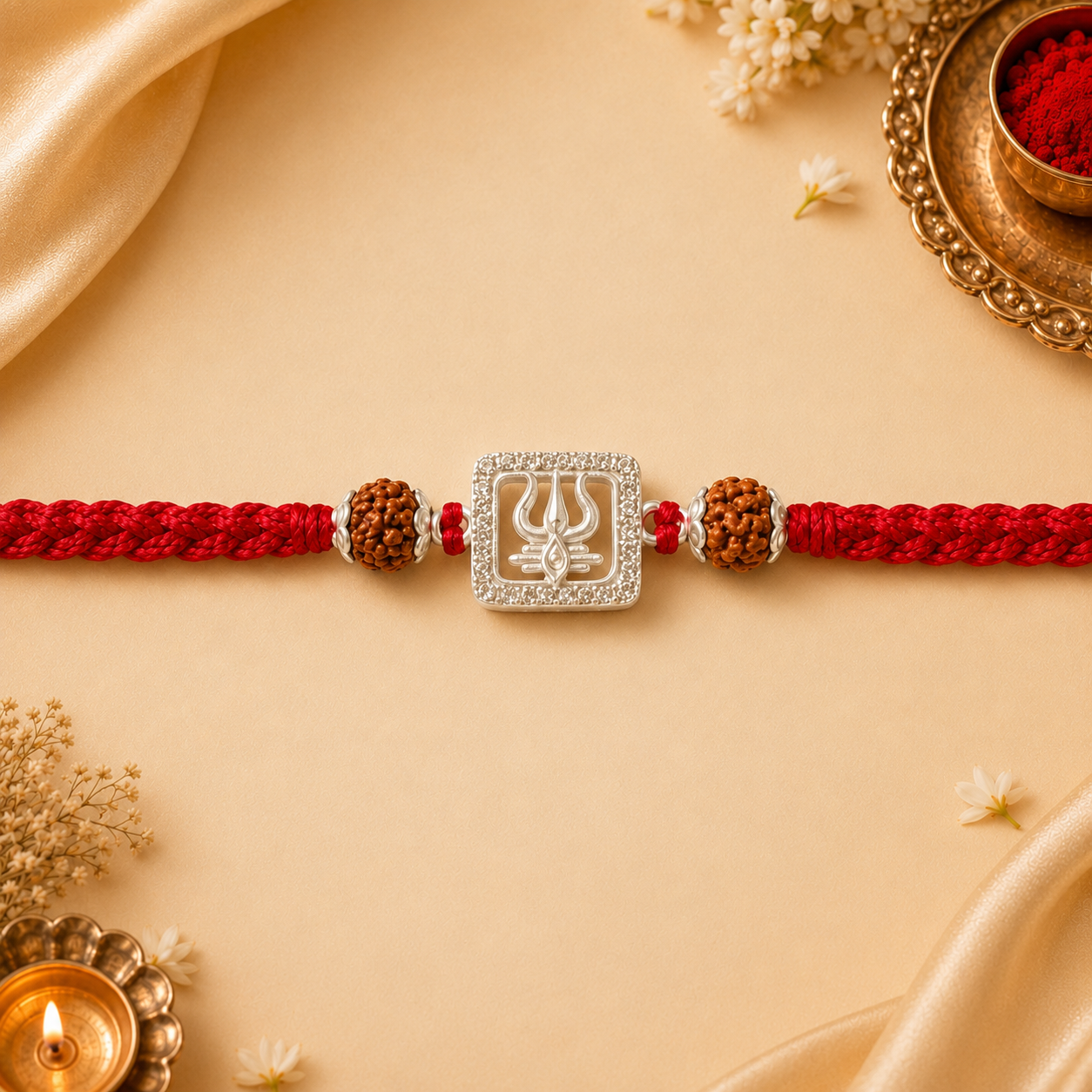 Shiva Trishul and Third Eye Rudraksh Silver Rakhi - House of RangReethi