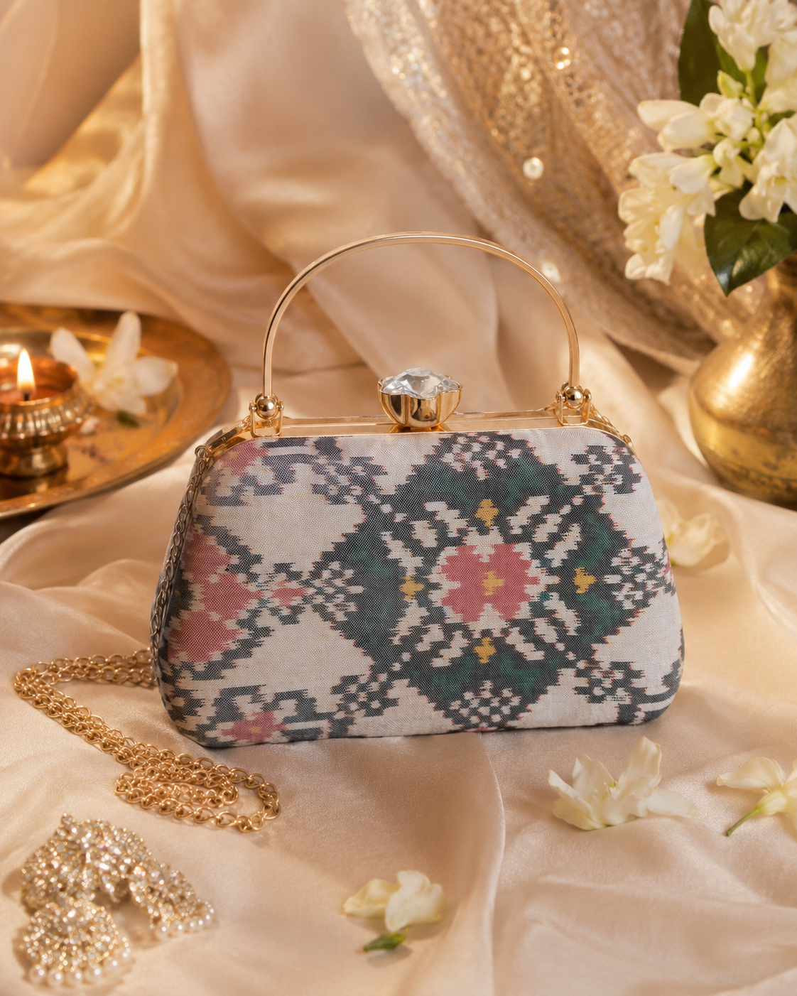 Patola Silk Clutch Bag with Handle | Heritage of Festive Colours