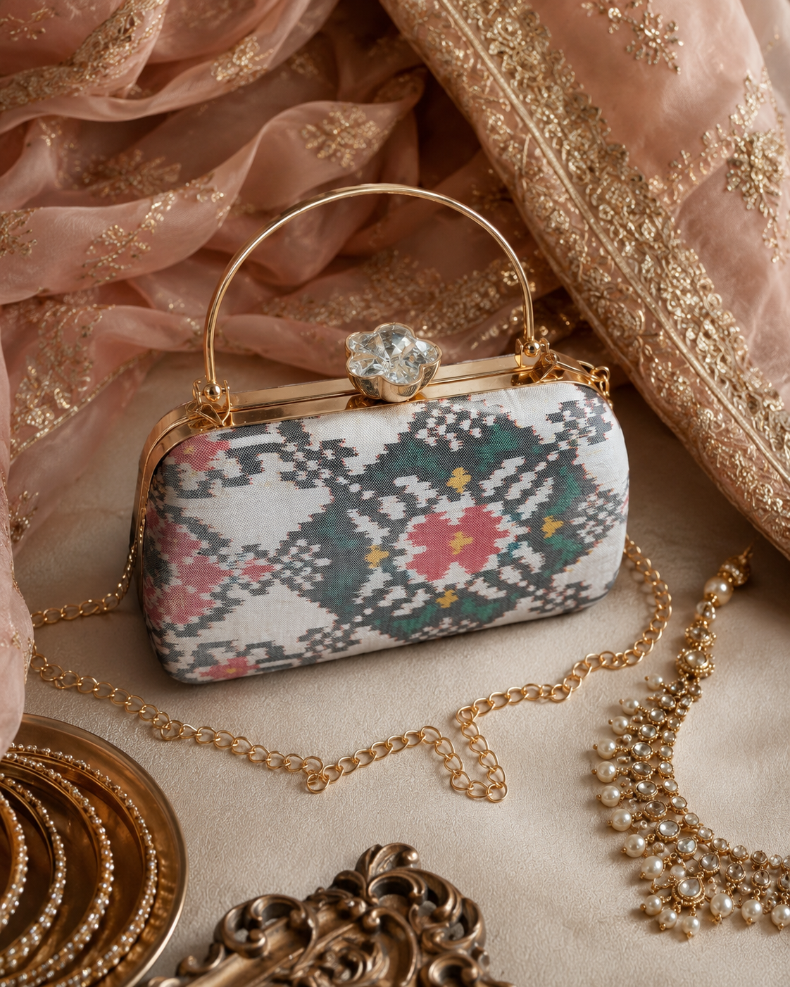 Patola Silk Clutch Bag with Handle | Heritage of Festive Colours