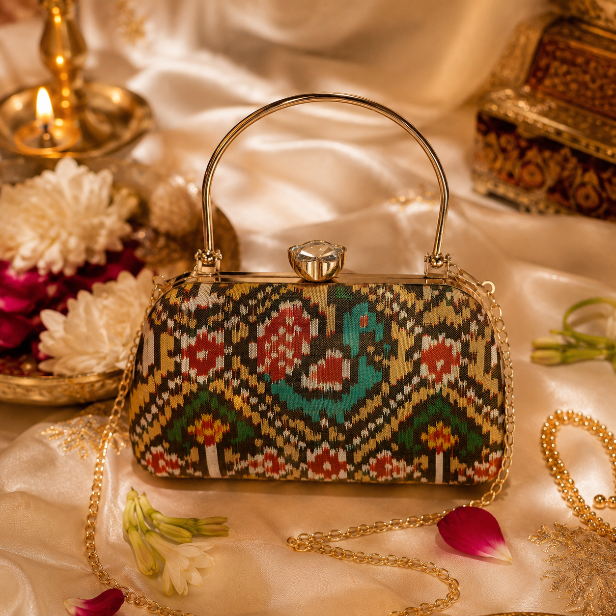 Patola Silk Clutch Bag with Handle | Heritage of Festive Colours