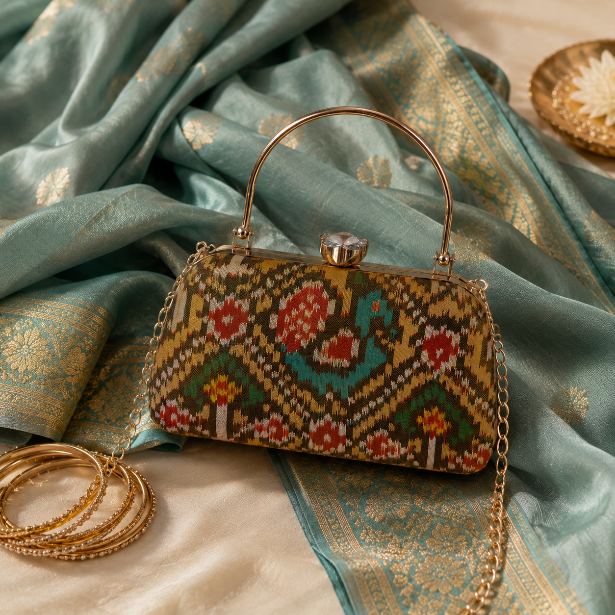 Patola Silk Clutch Bag with Handle | Heritage of Festive Colours