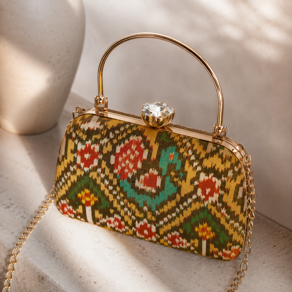 Patola Silk Clutch Bag with Handle | Heritage of Festive Colours
