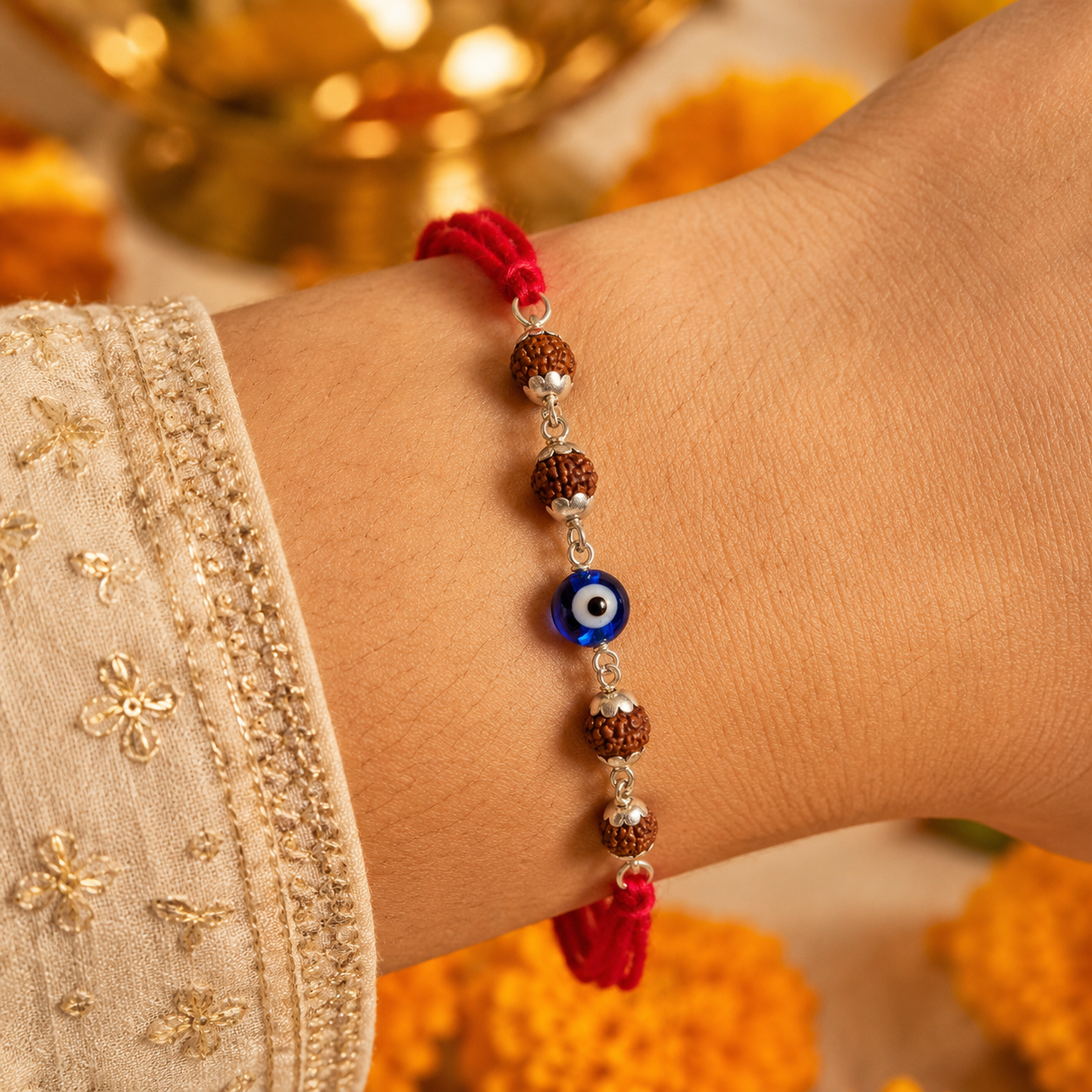 Evil eye rudraksha rakhi with red thread tied on a wrist, styled with marigold flowers and festive Raksha Bandhan decor.