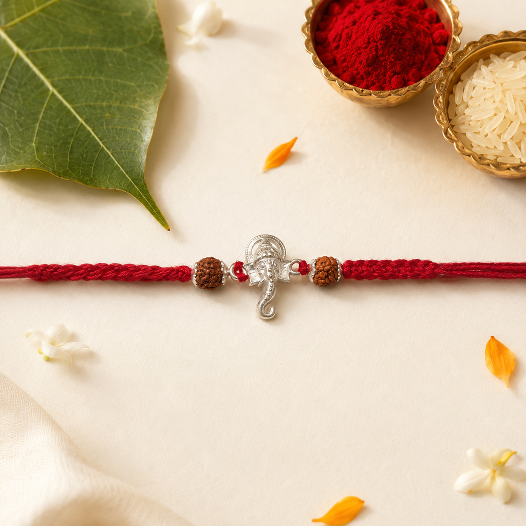Silver Ganesh rudraksha rakhi with red braided thread displayed with roli, chawal, leaf, and flowers.