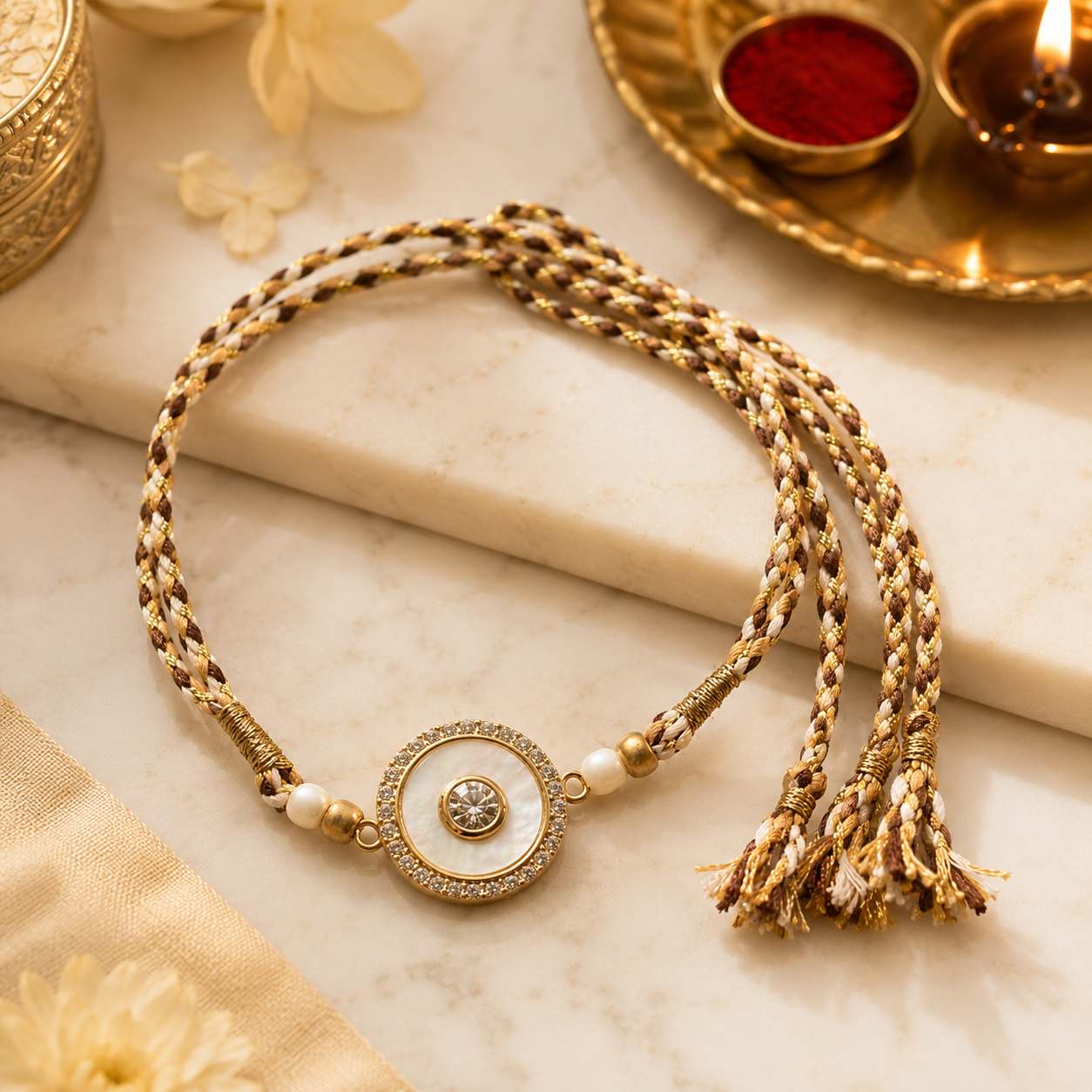 Gold and ivory braided rakhi with mother of pearl centerpiece displayed on a marble surface with festive diya and roli in the background.