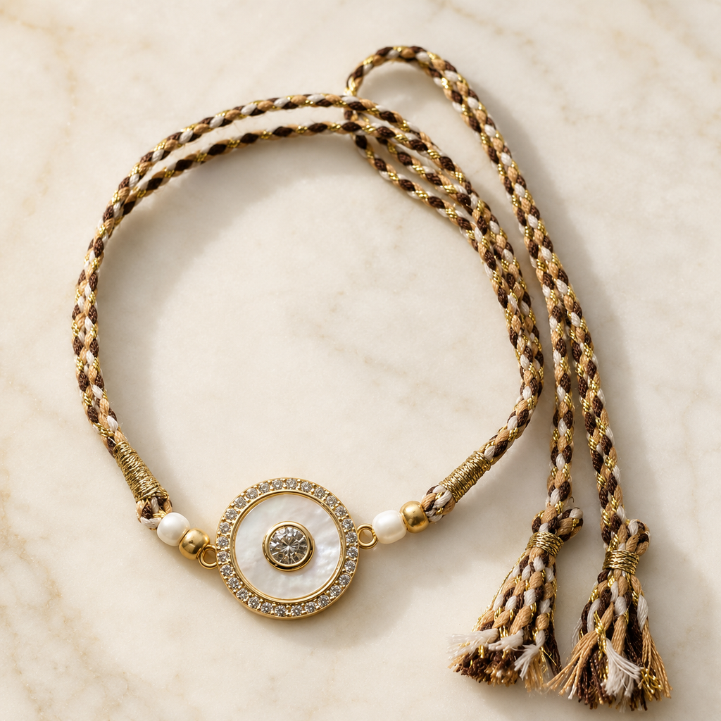 Gold and ivory braided rakhi tassel ends, and a round mother of pearlcenterpiece displayed on a white marble background.