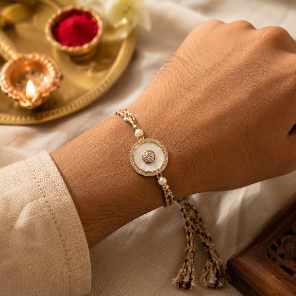 Gold and ivory braided rakhi  round mother of pearl centerpiece tied on a wrist, with festive diya and roli in the background
