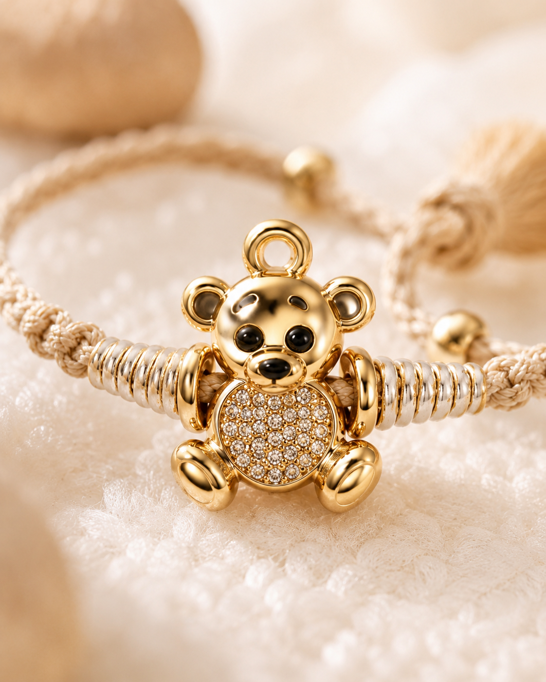 Close-up of a gold teddy bear baby rakhi with beige thread, tassel ends, and crystal detailing on a soft cream fabric background.
