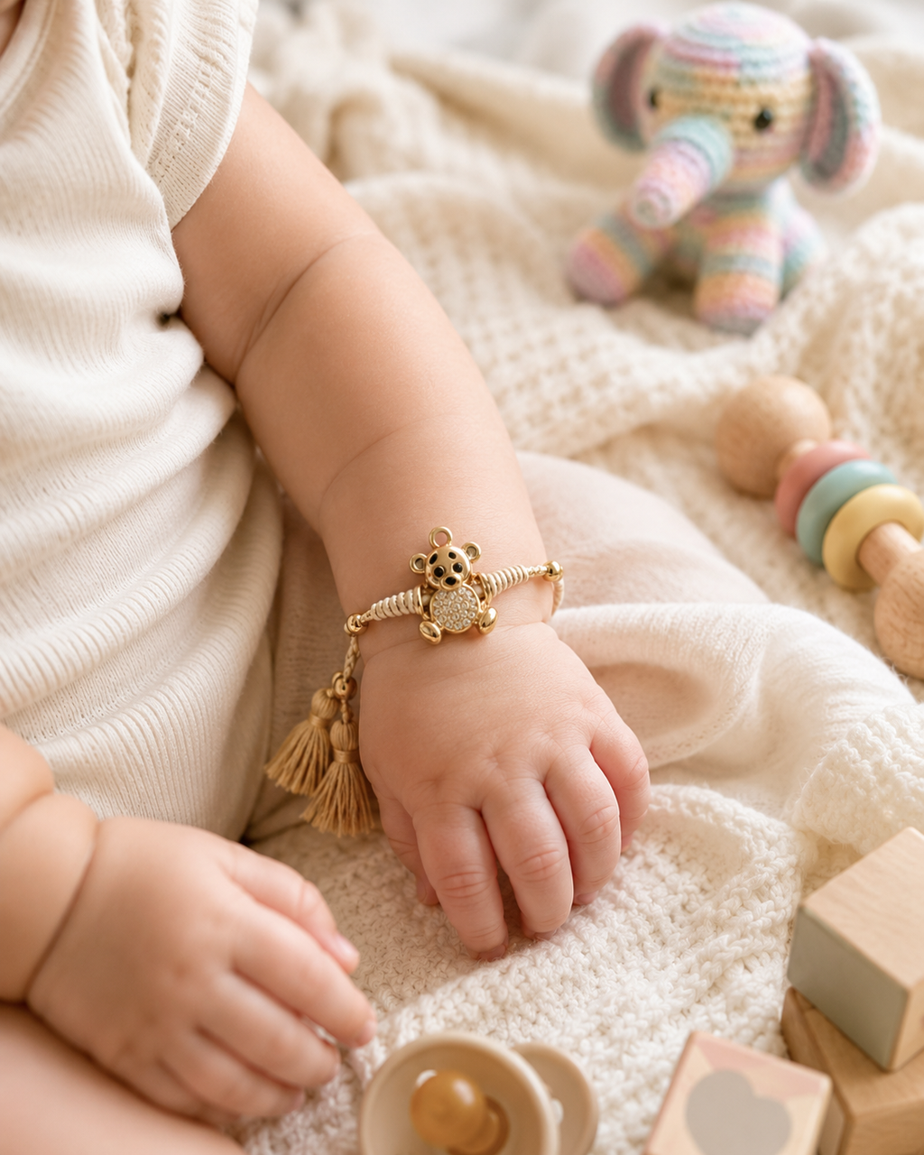Gold teddy bear baby rakhi with beige thread and tassel ends tied on a baby’s wrist, shown on soft cream fabric with baby toys in the background
