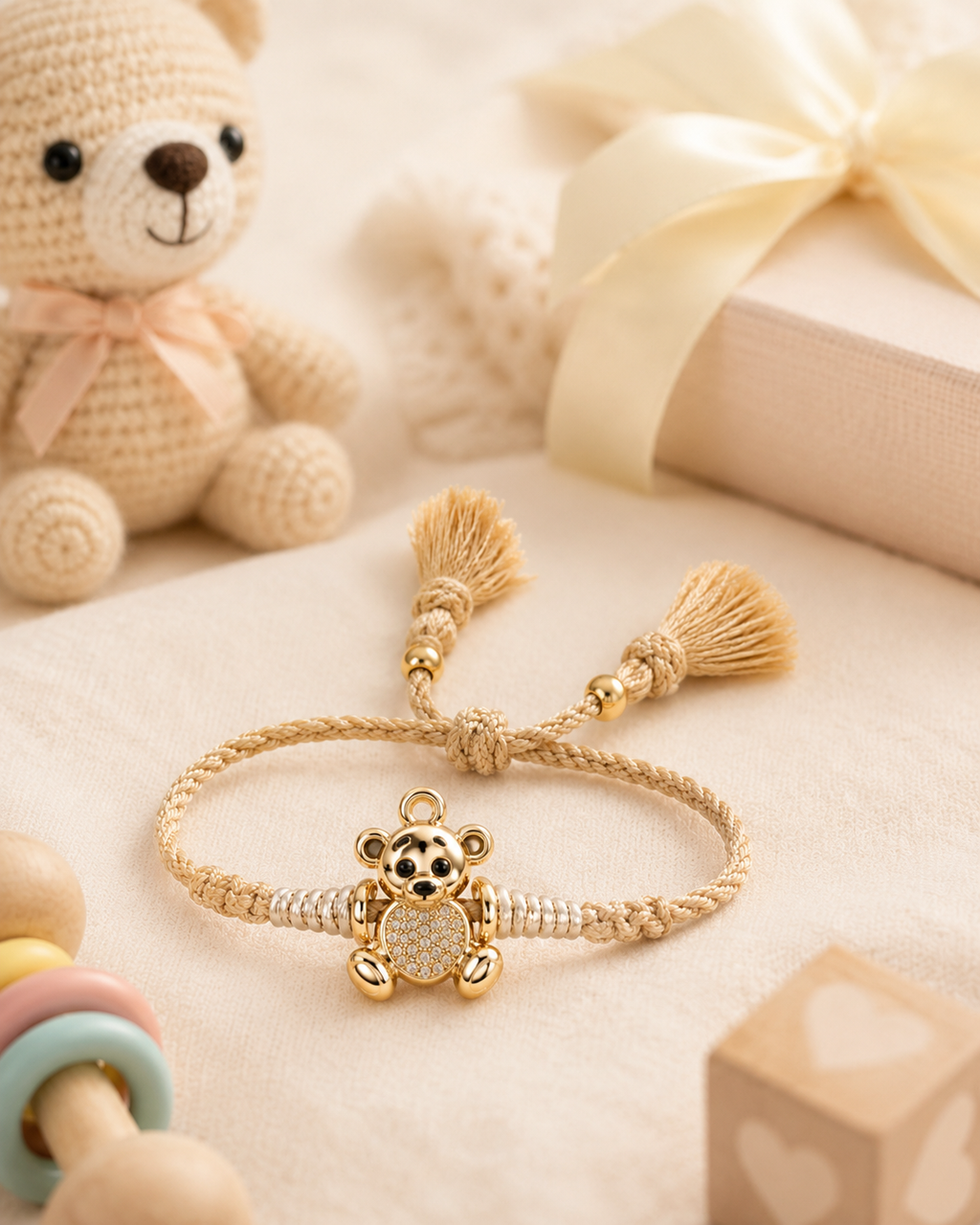 Gold teddy bear baby rakhi with beige thread, tassel ends, and crystal detailing displayed on soft beige fabric with baby toys, teddy bear, and gift box in the background.