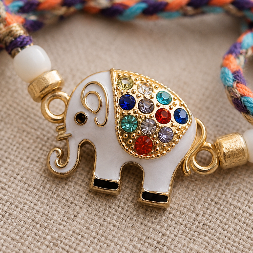 Close-up of a multicolor braided rakhi with white elephant charm, gold detailing, colorful stones, and pearl accents on a beige fabric background.