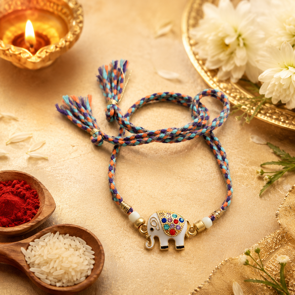 Multicolor braided rakhi with white elephant charm, pearl accents, and tassel ends displayed with diya, roli, chawal, and white flowers on a festive gold background.