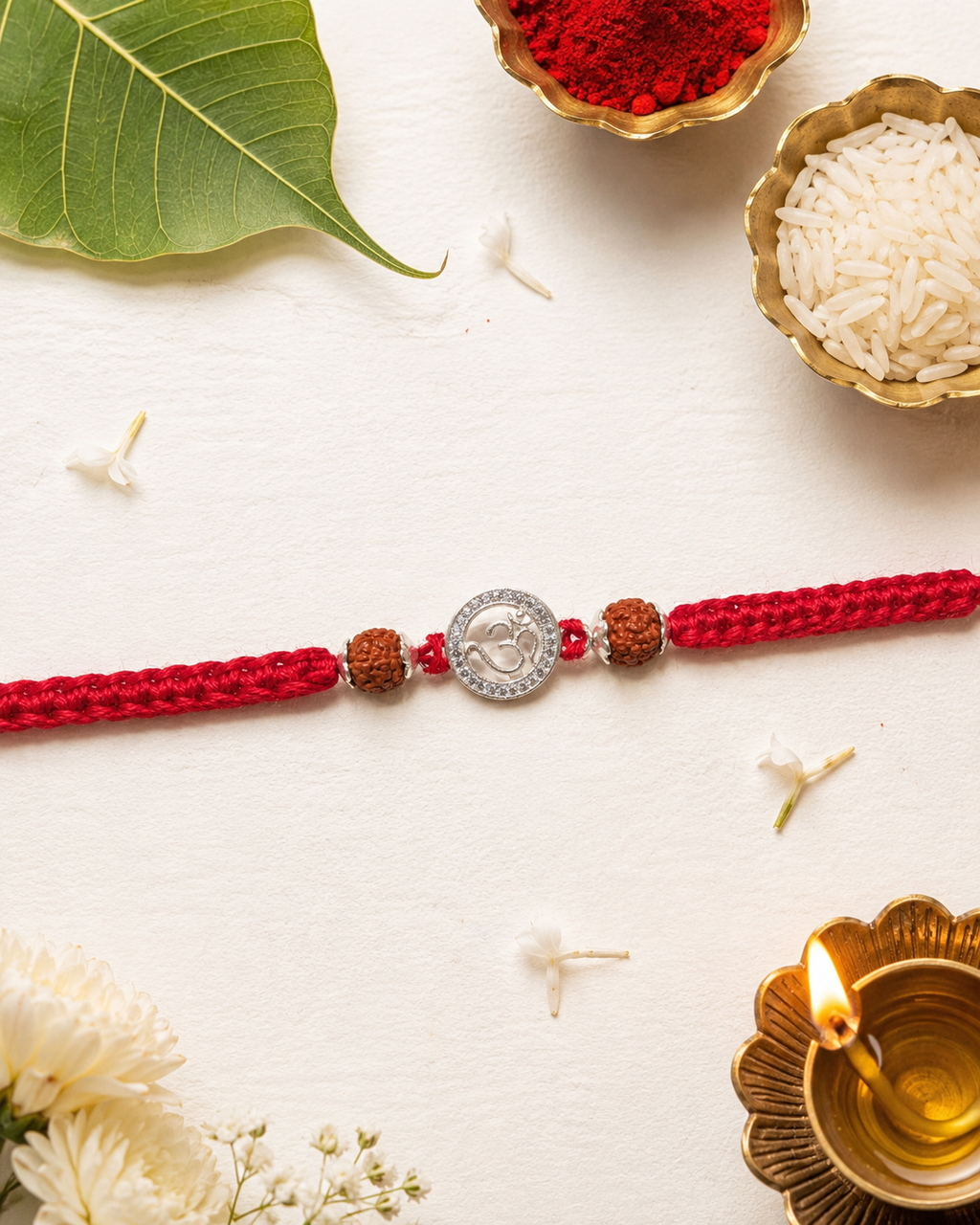 Silver Om rudraksha rakhi with red braided thread displayed in a festive flat lay with roli, chawal, diya, leaf, and flowers.