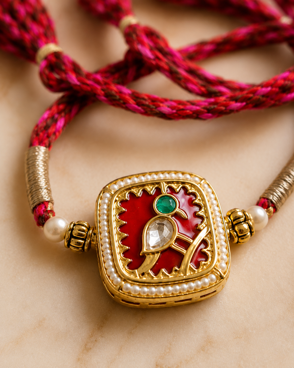Close-up of a red braided rakhi with gold square Jadau Kundab centerpiece, pearl accents on a marble background.