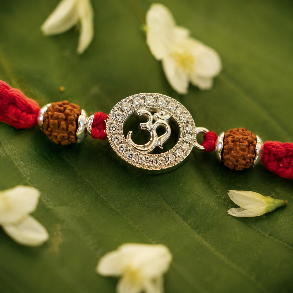 Close-up of a red thread rakhi with rudraksha beads and silver Om charm with crystal detailing displayed on a green leaf with white flowers.