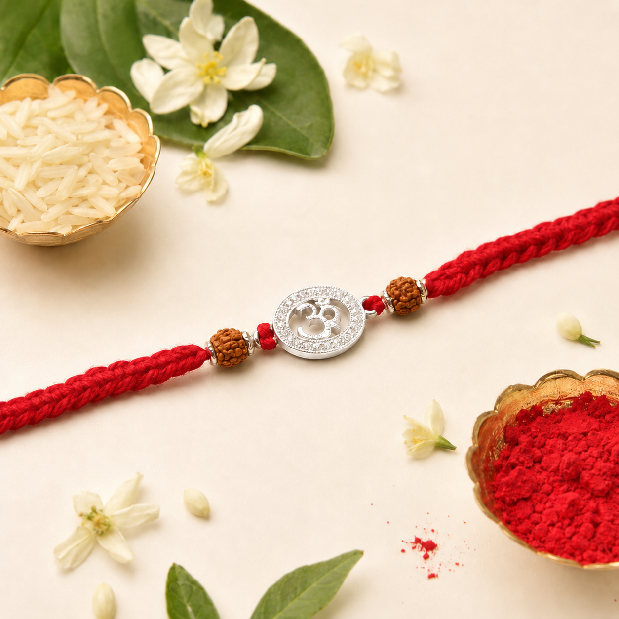 Red thread rakhi with rudraksha beads,  stone accents, and silver Om charm displayed with roli, chawal, white flowers, and green leaves on a cream background.