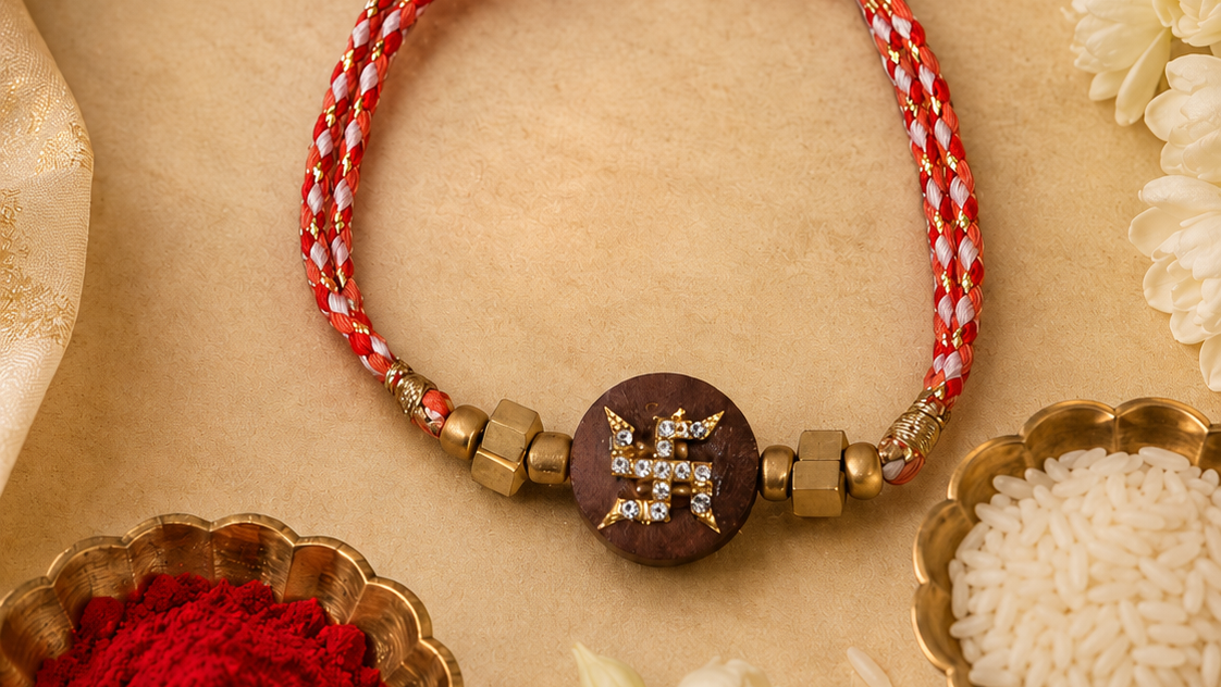 Red and white braided rakhi with gold bead accents, tassel ends, and a round crystal swastika centerpiece displayed with diya, roli, chawal, and white flowers on a festive gold background.