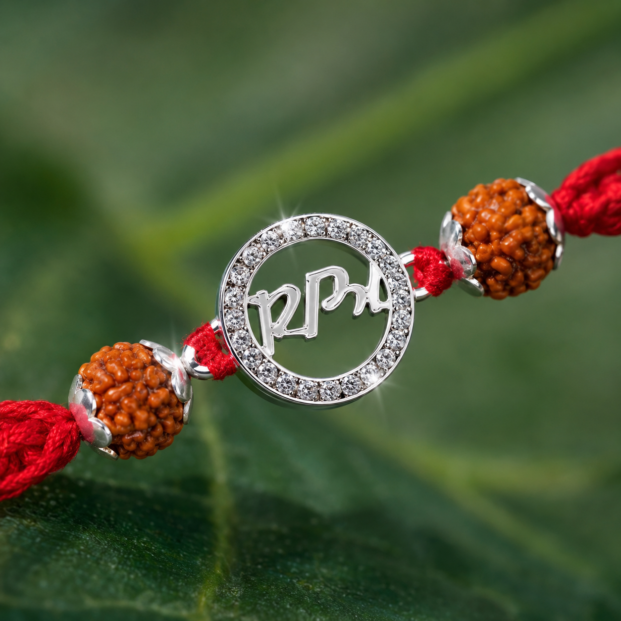 Close-up of a silver Ram rudraksha rakhi with red thread, brown rudraksha beads, silver accents, and crystal detailing on a green leaf background.