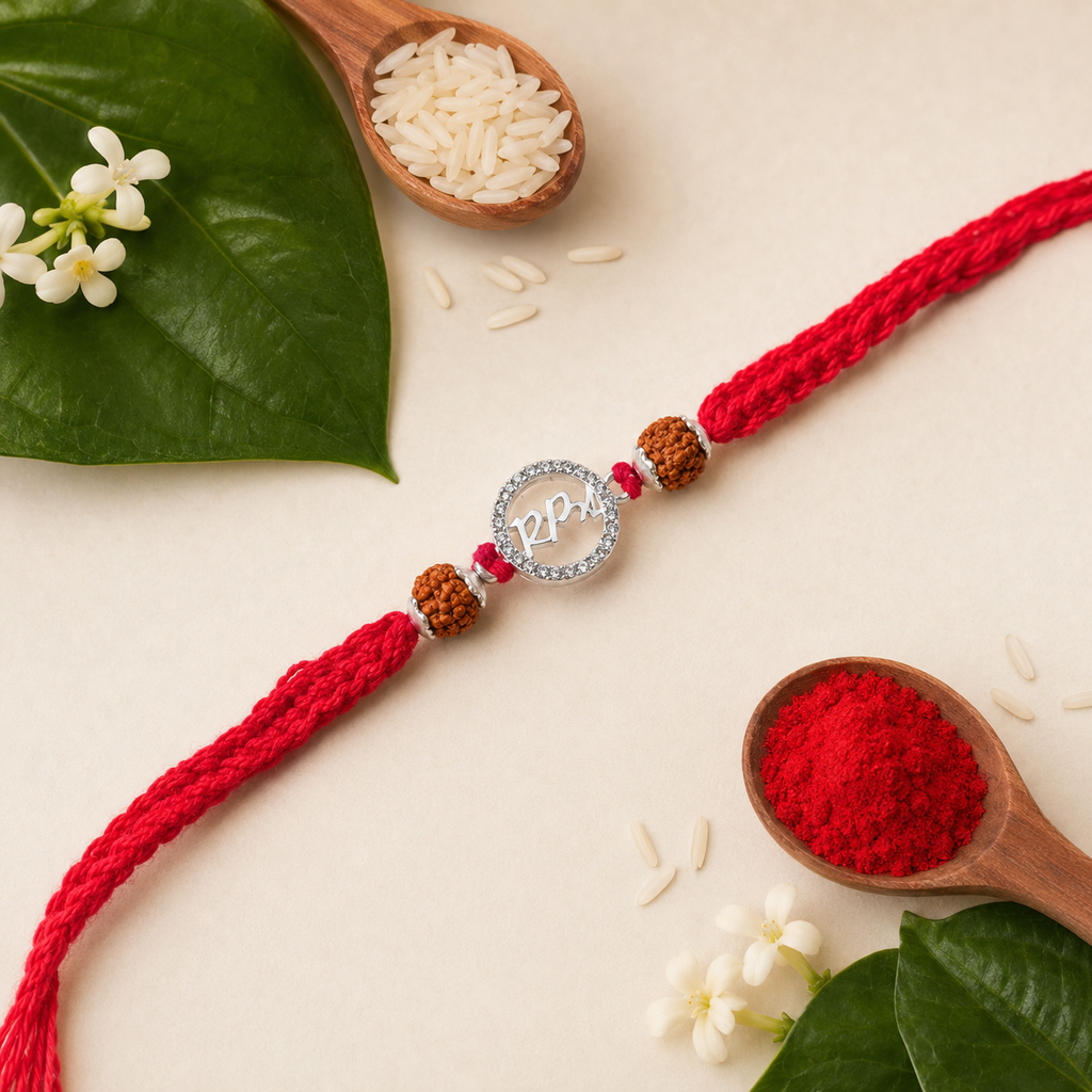 Silver Bhai rudraksha rakhi with red thread displayed on a cream background with kumkum, rice, wooden spoons, and green leaves
