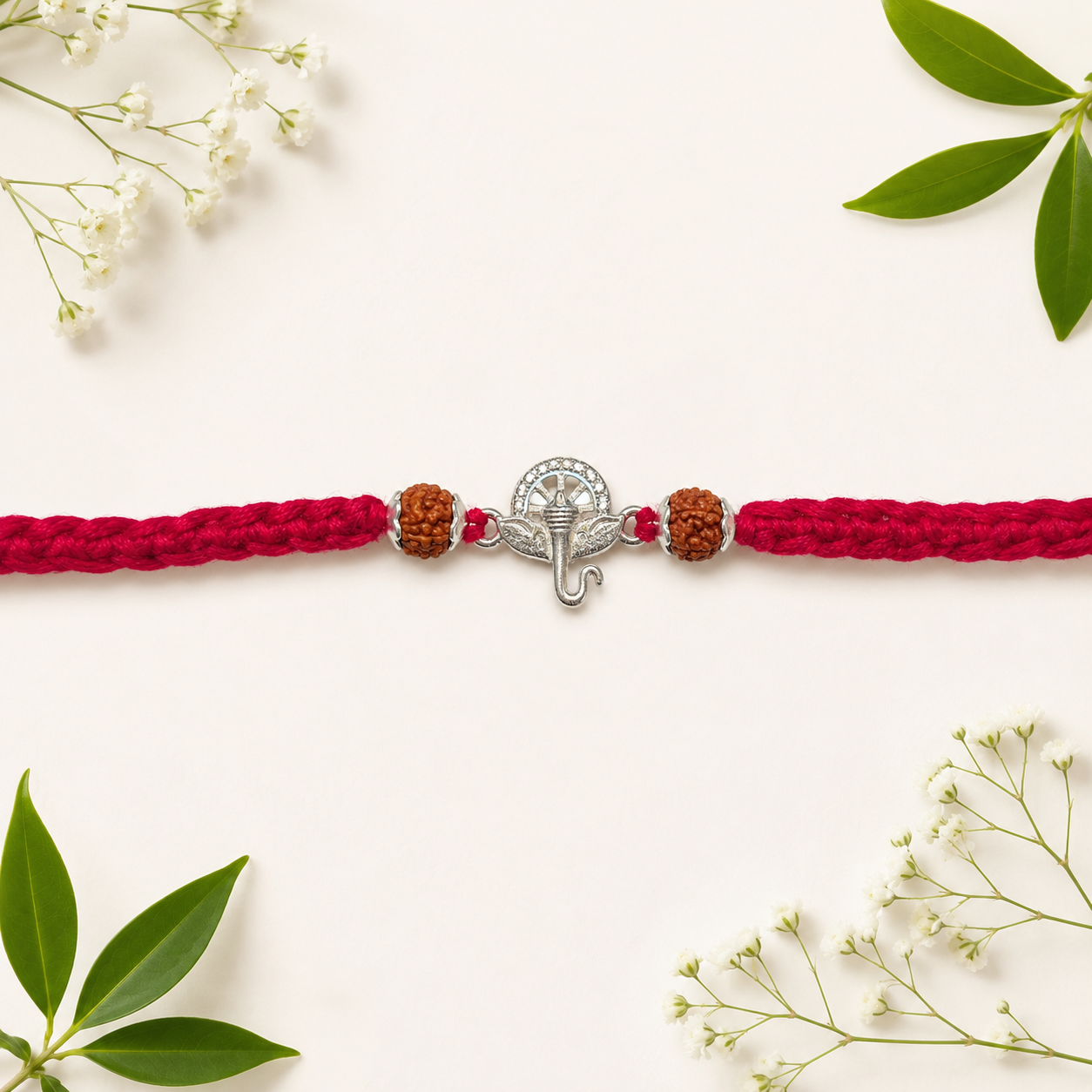 Silver Ganesh rudraksha rakhi with red thread displayed on a clean cream background with white flowers and green leaves.