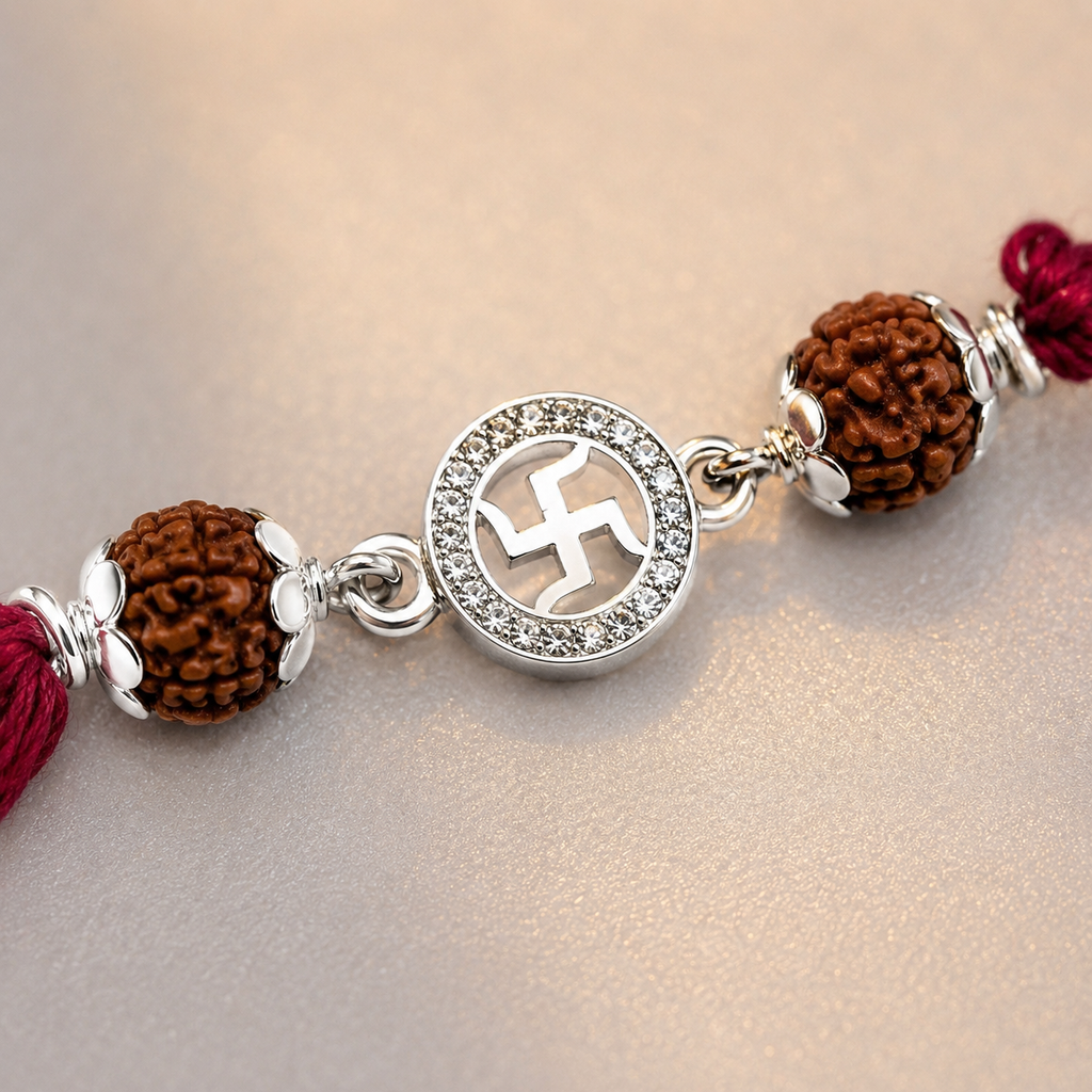Close-up of a silver Swastik rudraksha rakhi with red thread, brown rudraksha beads, silver accents, and crystal detailing on a soft neutral background.